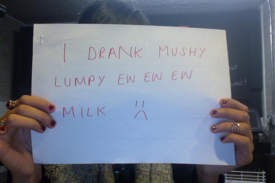 Zenab drinks mushy milk.