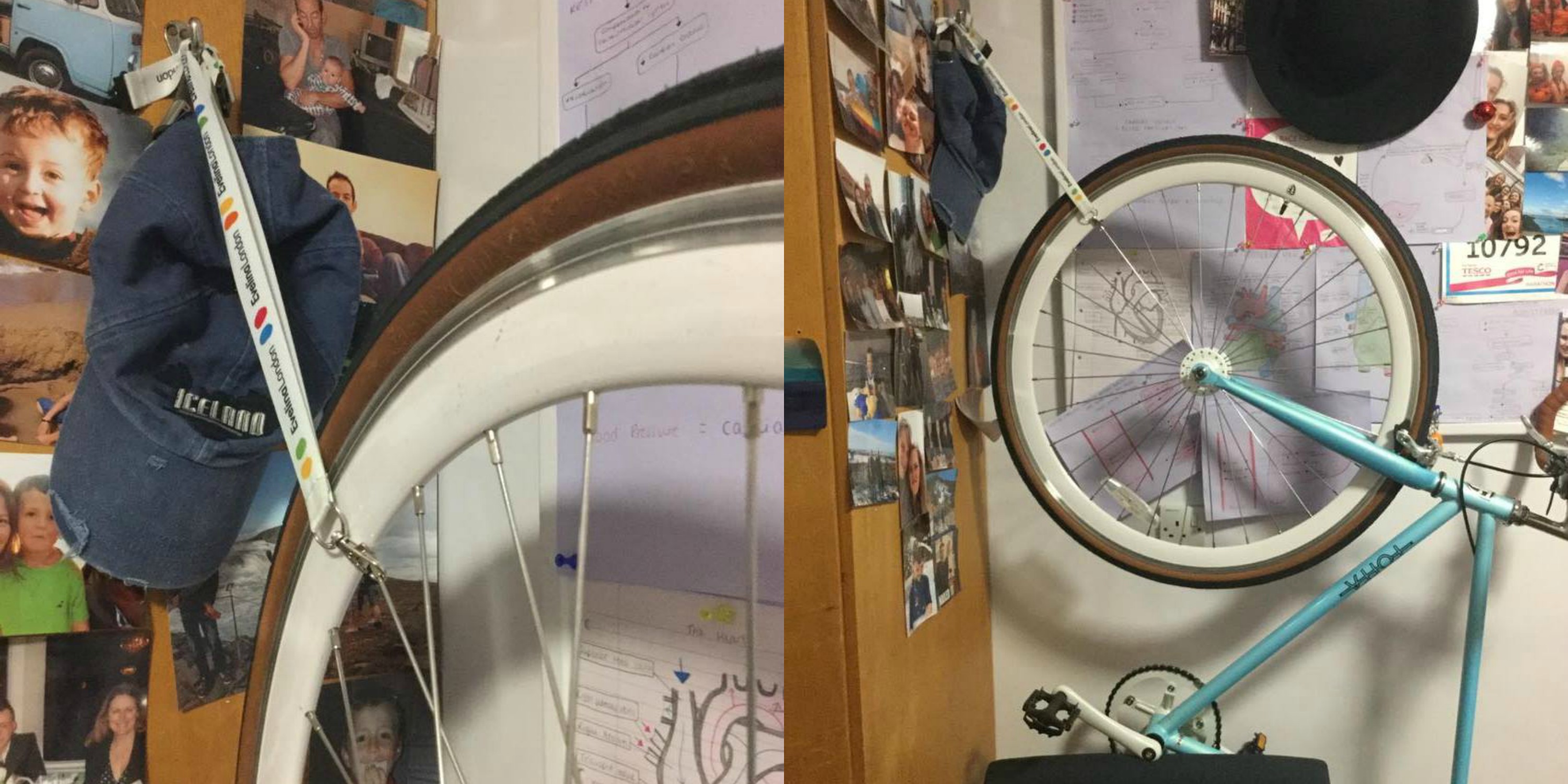 The bike of student nurse Katie Bradfield, ingeniously suspended by a lanyard.