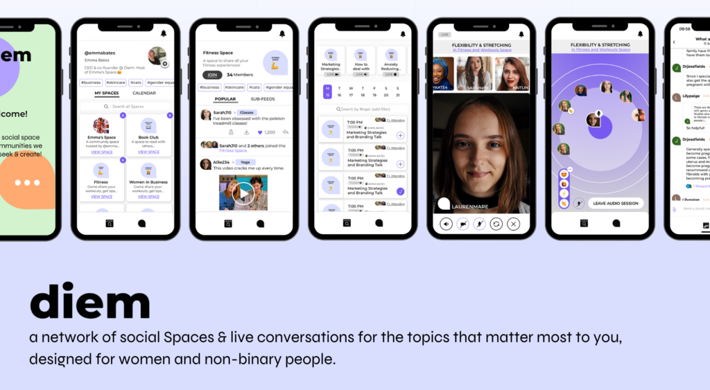 A ribbon of iPhone screens show the design of the Diem app, some a calendar view and some meeting chats. Text reads "diem: a network of social Spaces & live conversations for the topics that matter most to you. designed for women and non-binary people."