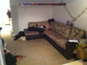The sofa where two of the girls were held at knifepoint