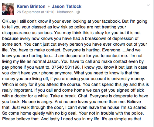 Jason's mum has left numerous messages on his FB wall