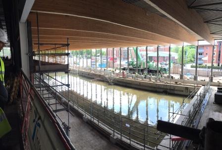 The new 50m pool being filled with water to undergo testing