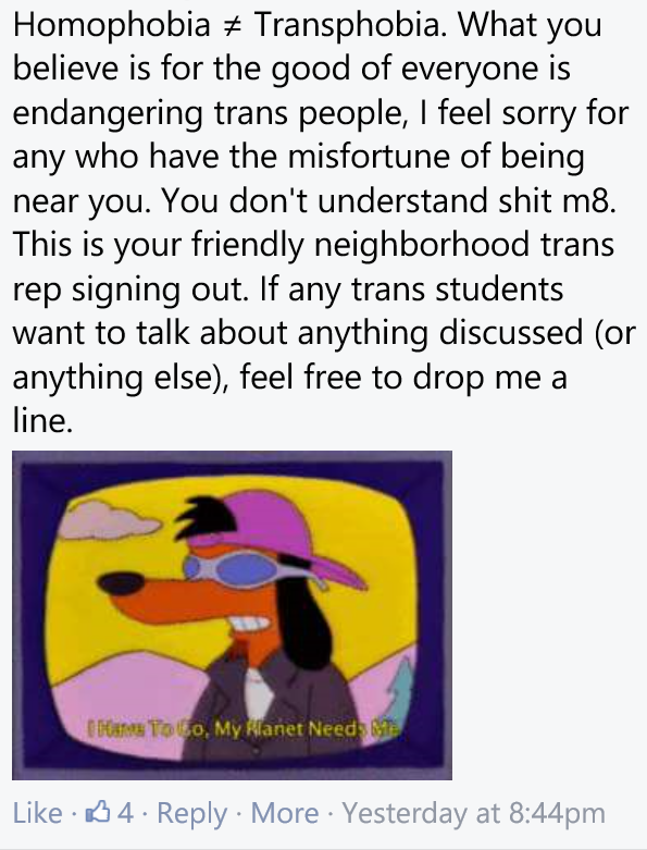 Friendly trans rep, who says that people have the misfortune of knowing a person
