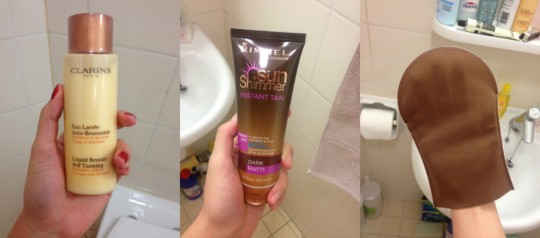 L to R: Clarins face tanner, Rimmel body tanner, tanning mitt that felt weird.