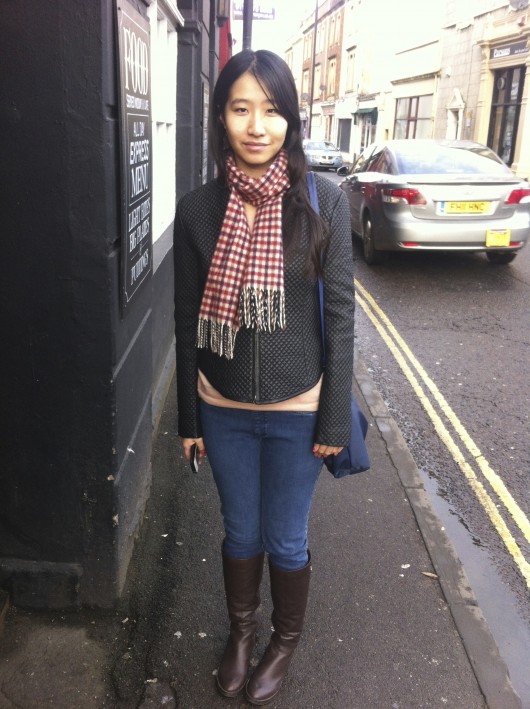 Gingham doesn’t have to be restricted to summery cottons; Nancy’s scarf shows us that it’s a great transitional print.