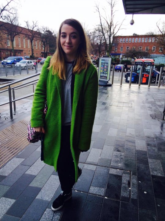 History student Antonia dresses down her lime green Topshop boyfriend coat with a pair of Puma trainers