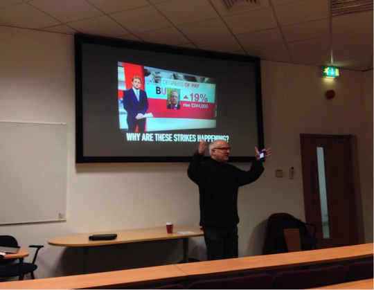 John Brissenden speaks to students at an organised 'sit-in' during a 2 hour strike in January