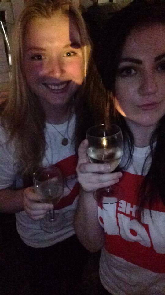 Talia (right) with news editor Amanda. And wine