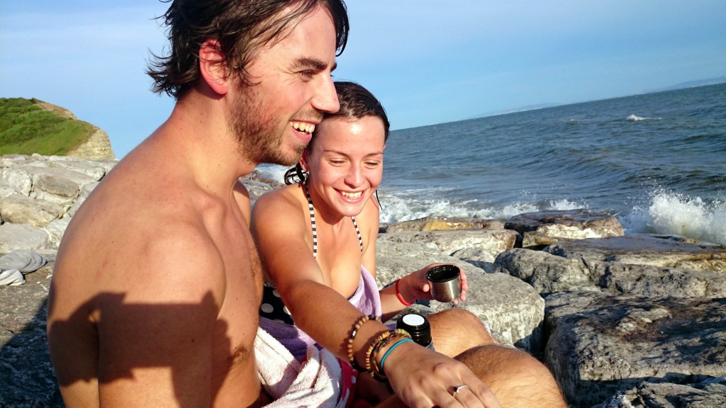 Inquest into the death of Georgie Ford 23, who was killed by a cliff rockfall was having a beach picnic to celebrate finishing her exams. Pictured here is Georgie with her heartbroken boyfriend Paul Biggs, 24 on Llantwit beach where the tragedy happened. © WALES NEWS SERVICE