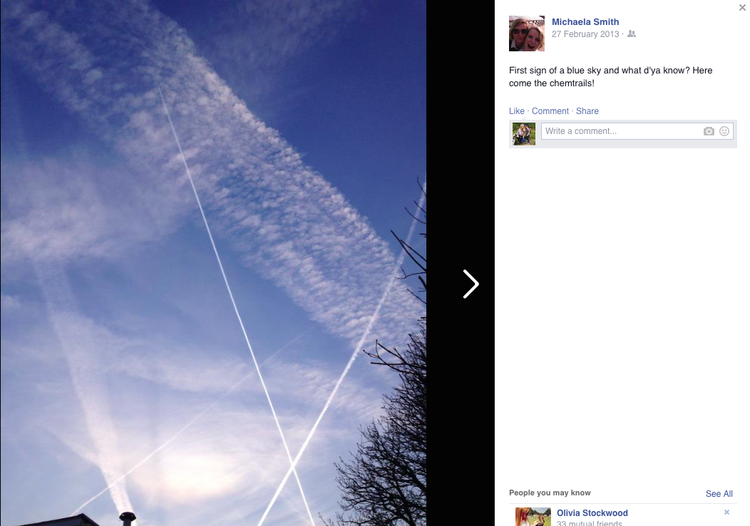 One of mum's many, many Facebook posts about chemtrails