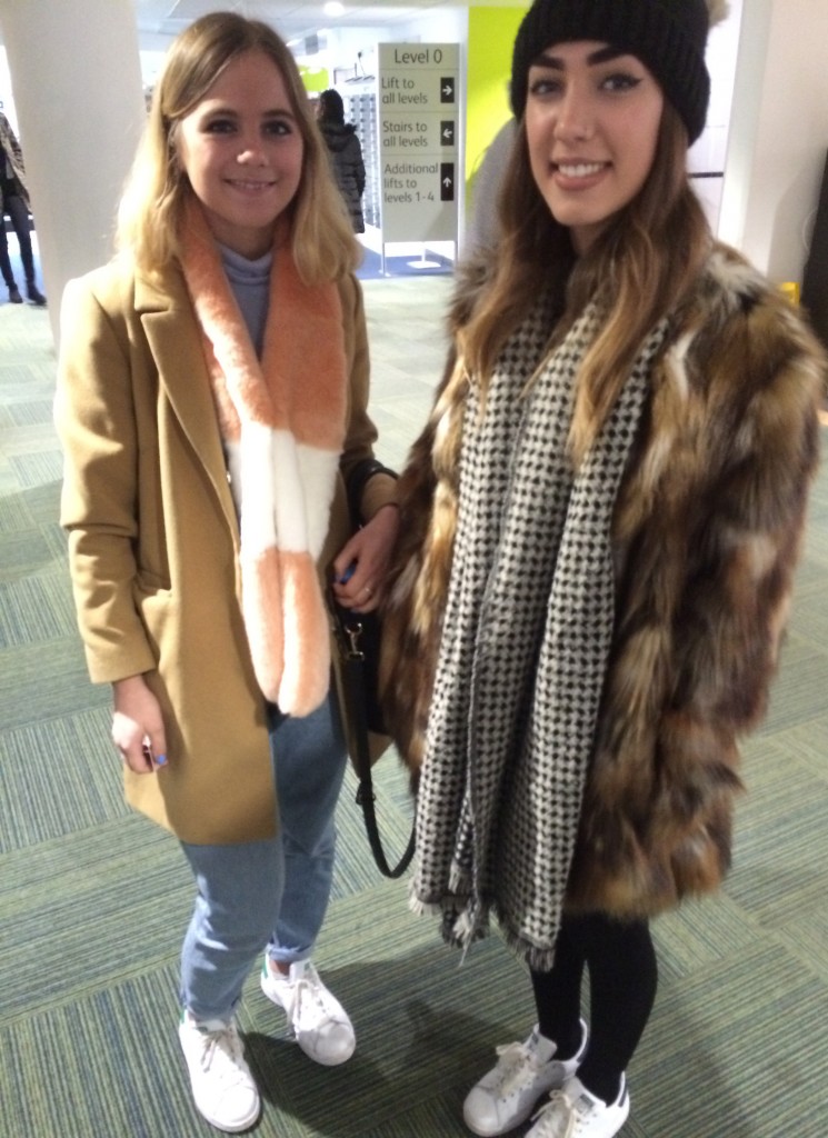 Left- Sarah South, Fashion Marketing and Branding. Striped scarf and coat are from Topshop. Right- Molly Balzan-Muir, Fashion Marketing and Branding. Fur coat is from Topshop and houndstooth scarf is from Zara