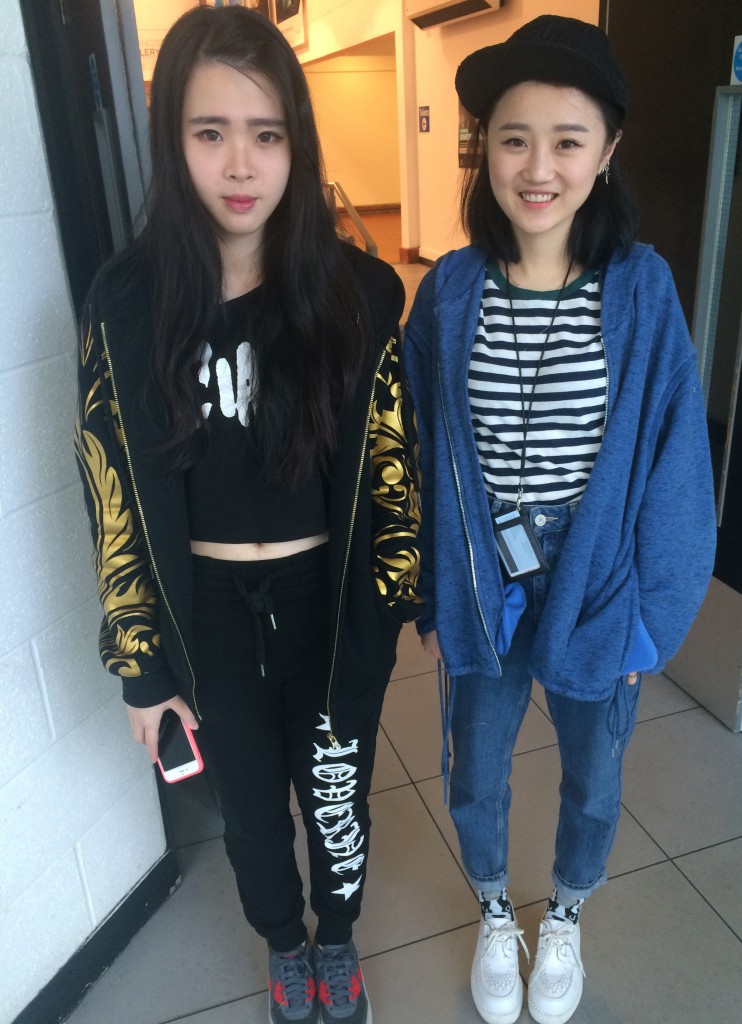 Left- Kiki Huang, Fashion Design. Jacket is from Sbortion. Right- Jennifer Jiang, Fashion Design. Jacket is from Kenzo.