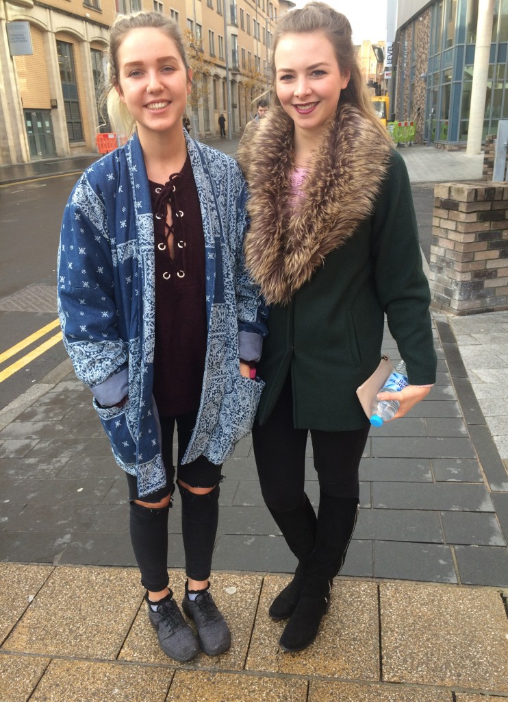 Left- Colette Fawcett, Fashion Design. Lace up jumper is from Primark Right- Jessica Parrots, Fashion Design. Coat is from Miss Selfridge