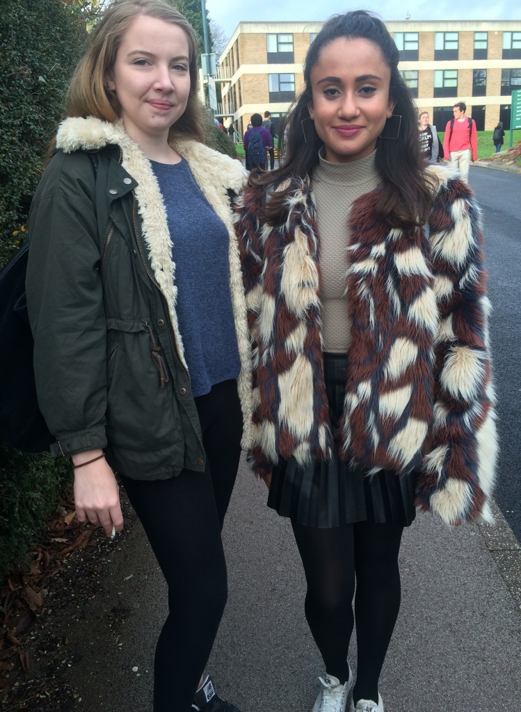 Left- Tori Chalmers, Sociology. Coat is from Zara. Right- Phoebe Allain, Sociology. Fur coat is from Missguided.