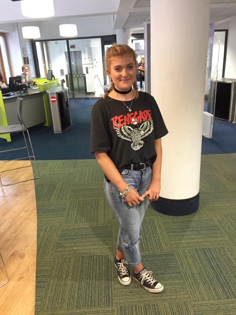 Abigail Homer, Fashion Communication and Promotion- Second Year. Shirt and jeans are from H&M, shoes are Converse
