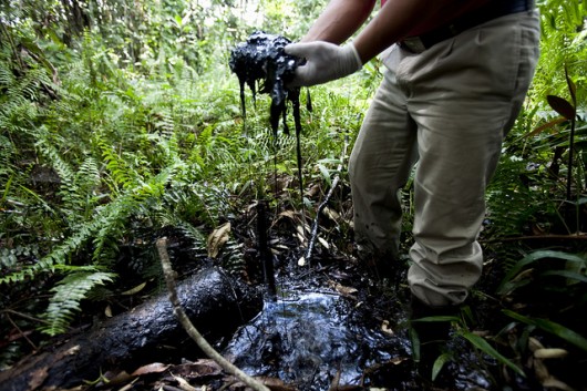 Crude oil in an open toxic oil waste pit abandoned by Chevron in the Ecuadorean Amazon Rainforest Photo by Caroline Bennett / Rainforest Action Network