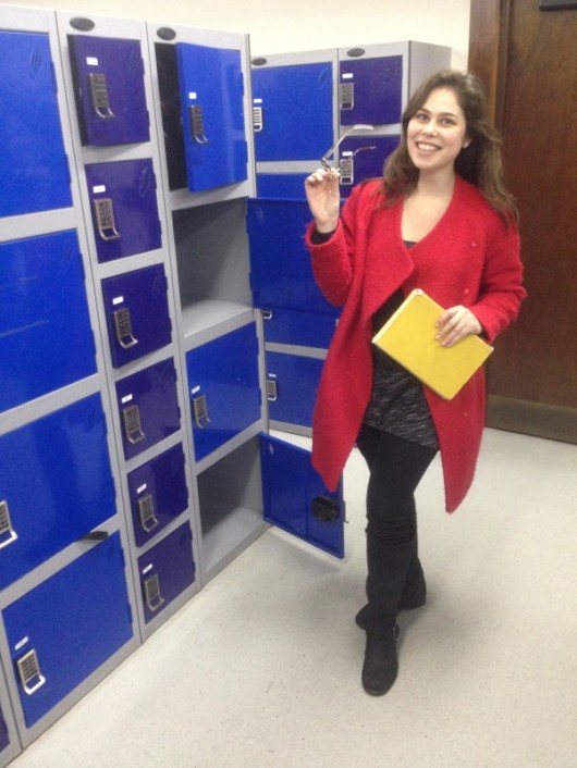 Jess, MML at Robinson. Ravishing in red at the lockers.