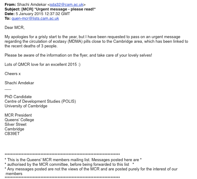 This e-mail was circulated to the Queens' MCR mailing list, accompanied by a poster