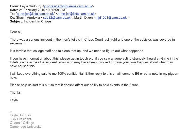 The second e-mail distributed by the Queens' JCR