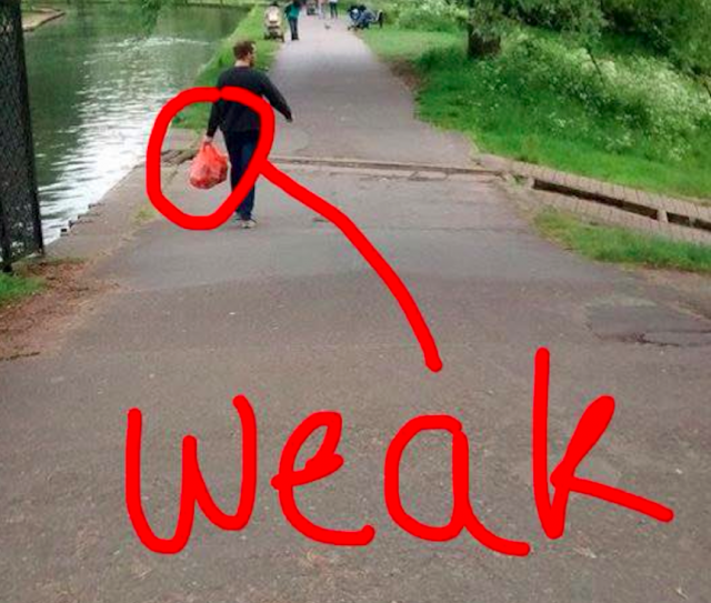Clearly walking back from a food shop. You shall not succumb to these human frailties.