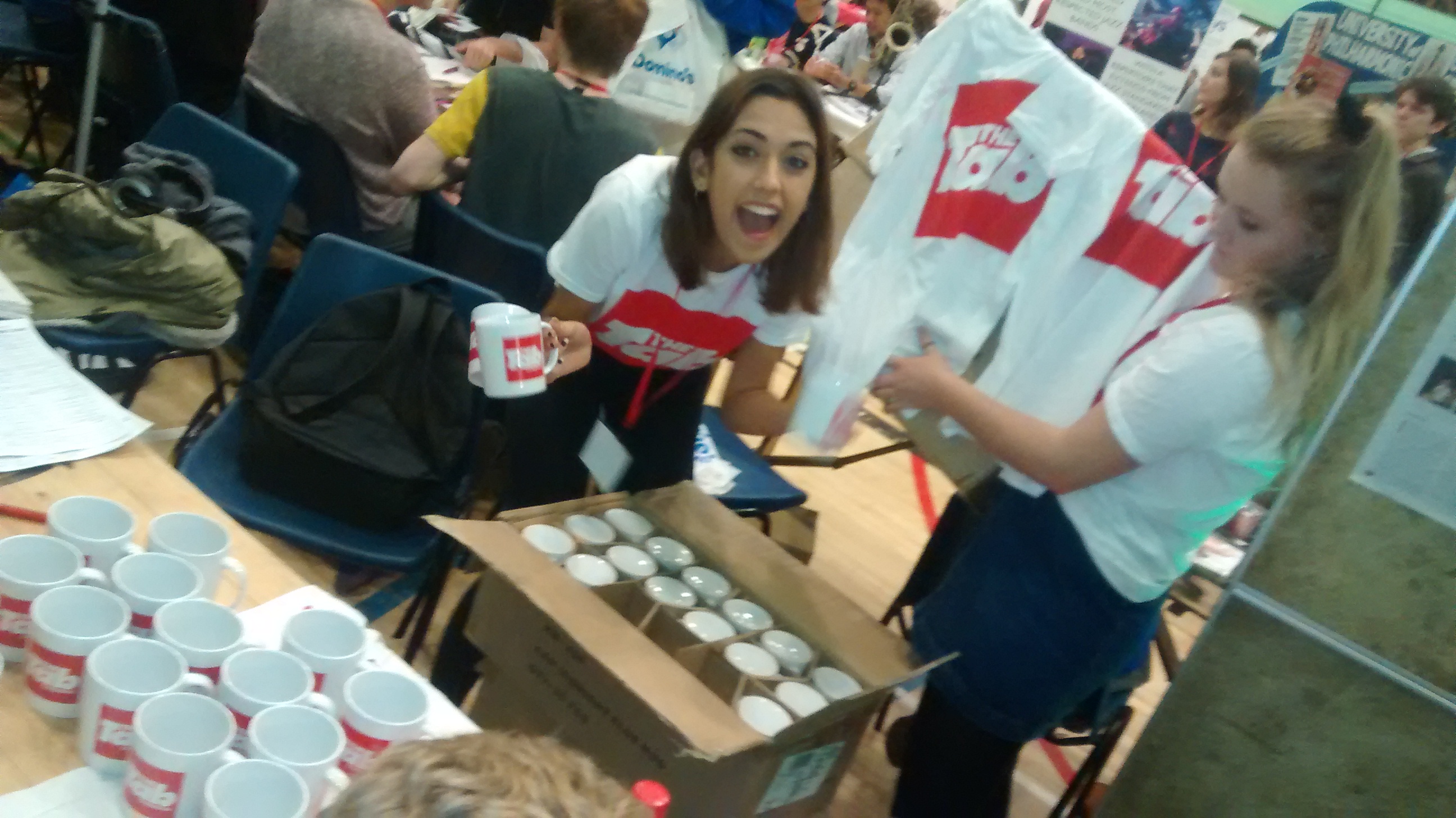 Alice and Gabrielle in state of glee at new mugs.