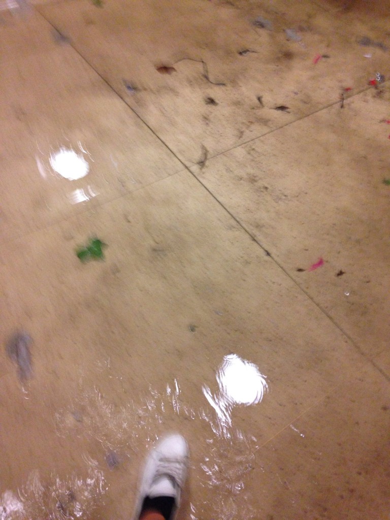 The floor in the bathroom besmirched by various things.