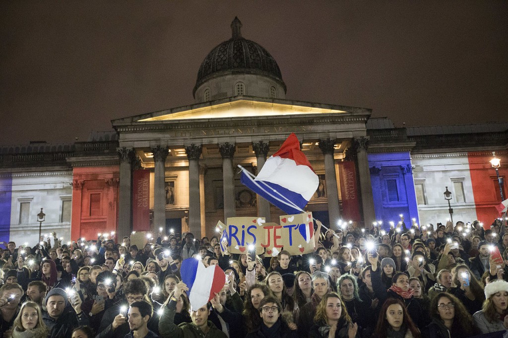 The National Gallery in London, lit up after the attacks.