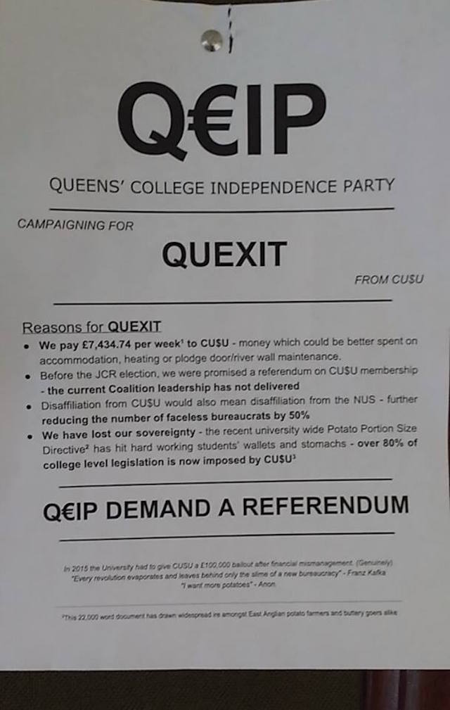 Ironic that Queen's college want increased democracy (monarchic rule anyone?)