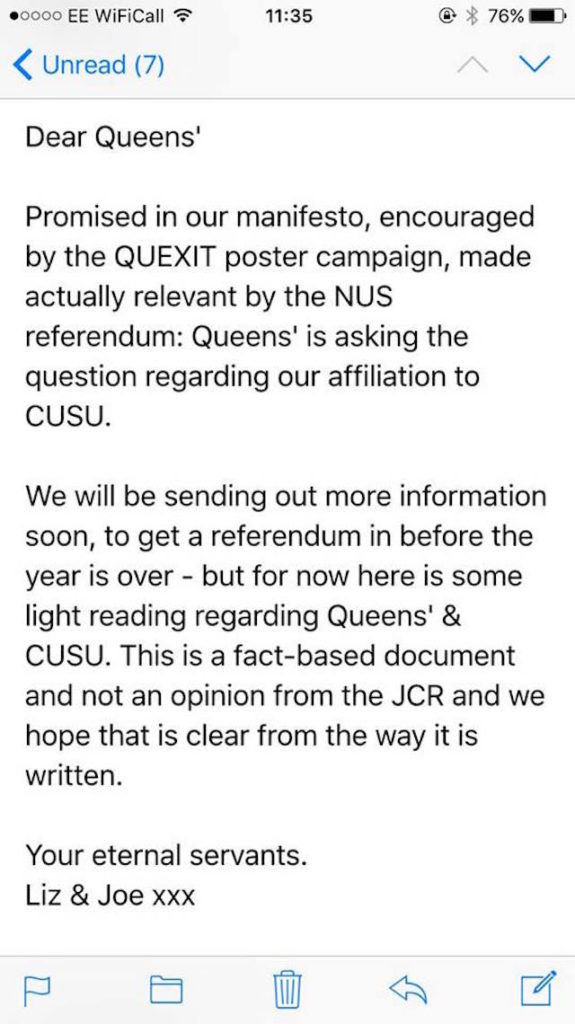 Email sent to Queens' students by the JCR Presidents