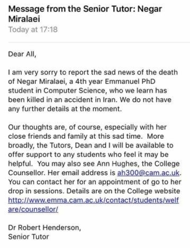The email was sent to students at Emma at around 5 o'clock this afternoon