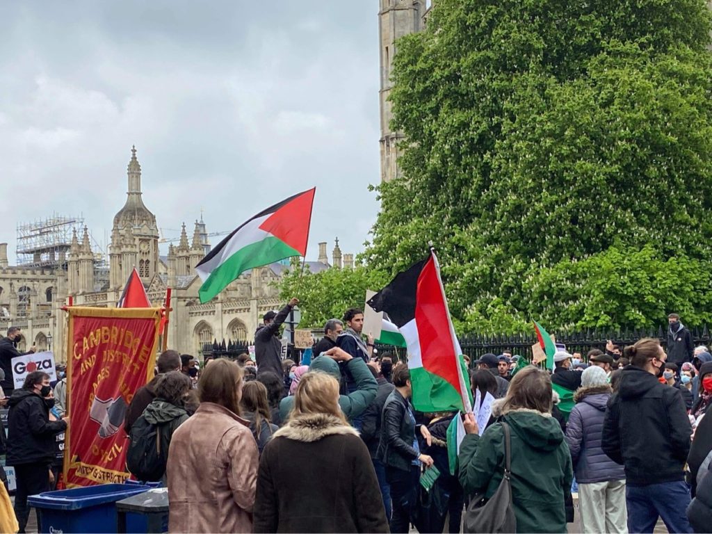 Protesters fly the Palestinian flag