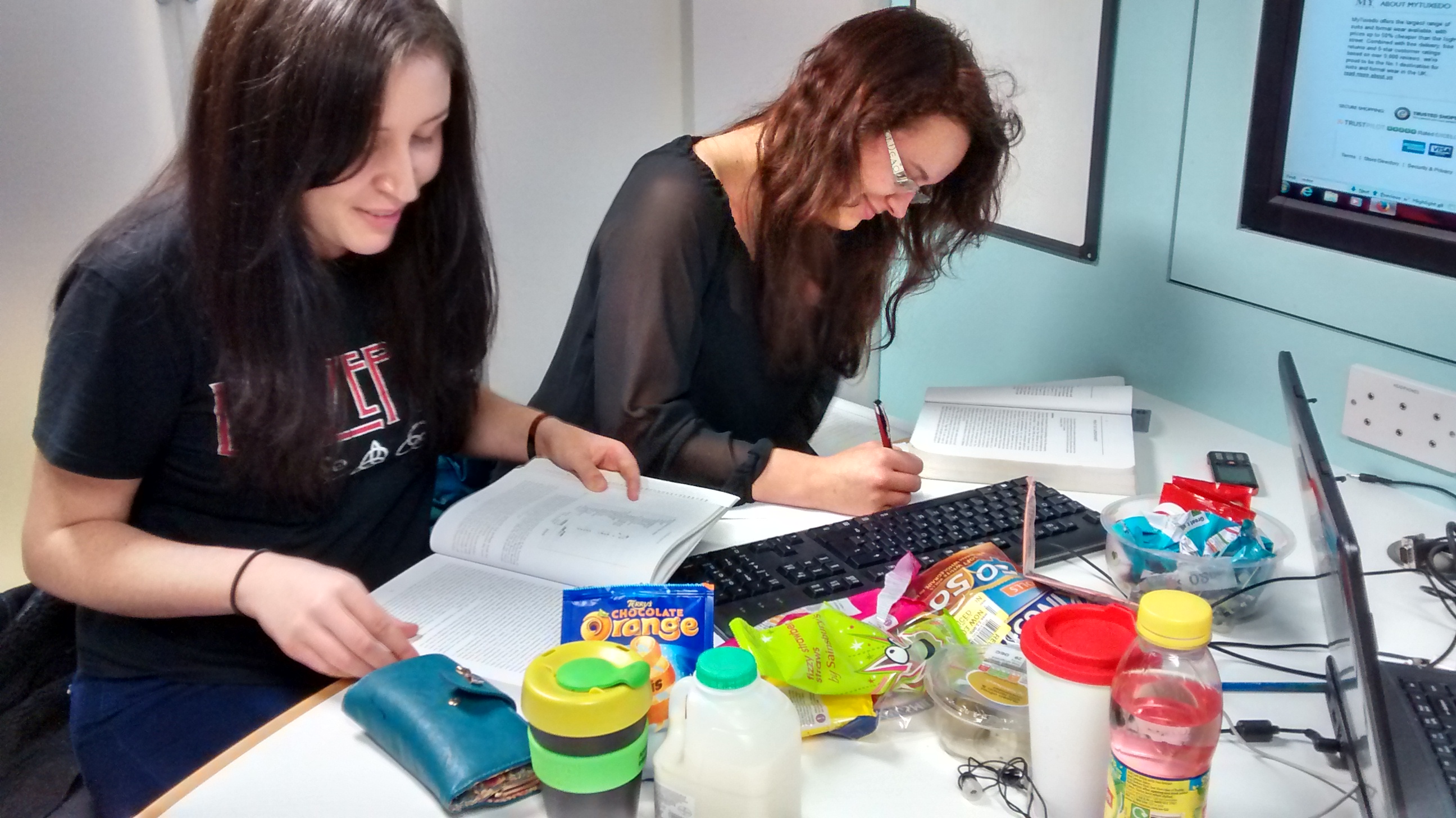 Victoria and Iona revise the way we all should... drowned in snacks.