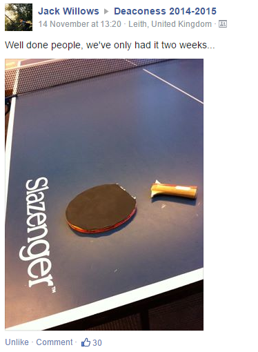 No better way to scare students off than ruining ping pong for them. (Don't worry, it was taped back together)