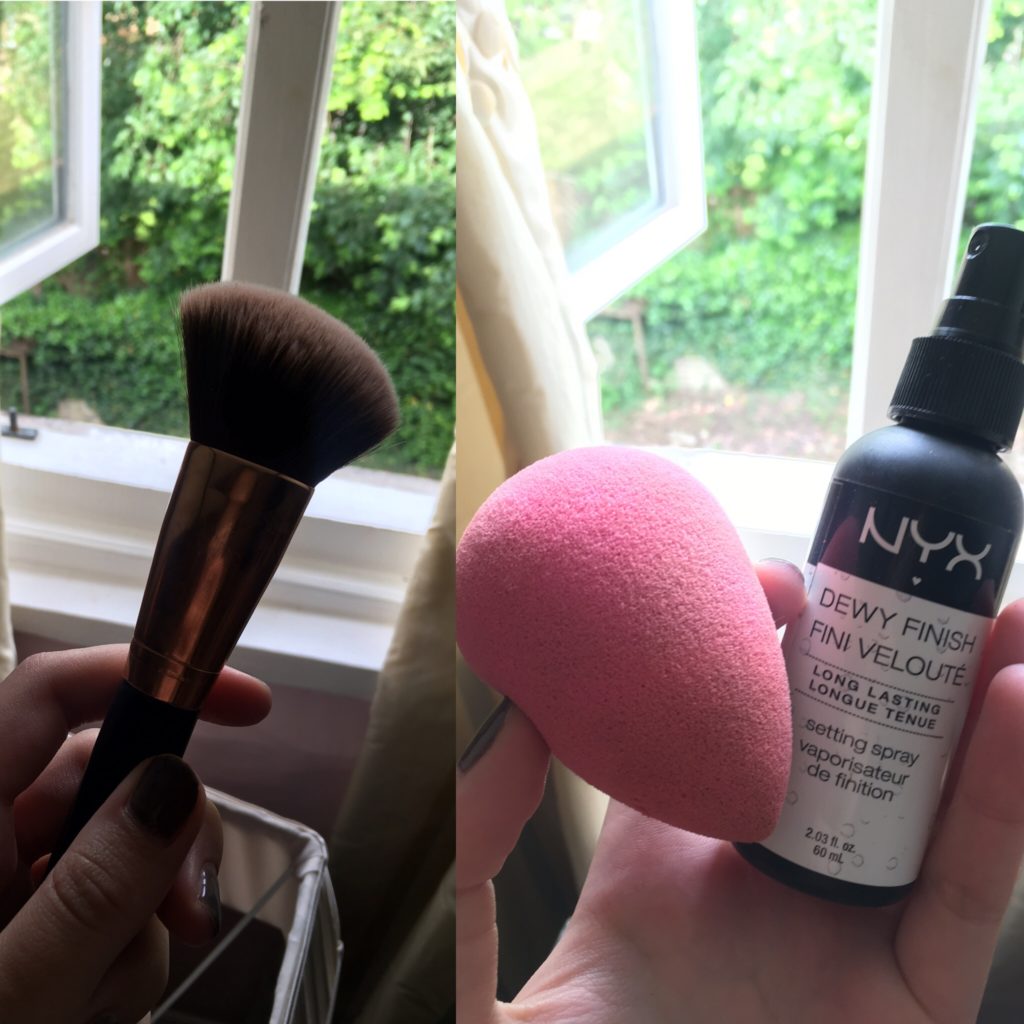 On the left: an angled contour brush from ICONIC London and on the right a beauty blender with NYX setting spray