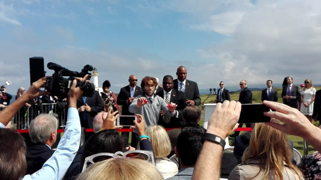 Whilst holding up the Nazi golf balls to the world's press 'these are the new balls available from the clubhouse as part of the new Trump Turnberry range. I forgot to hand them out'