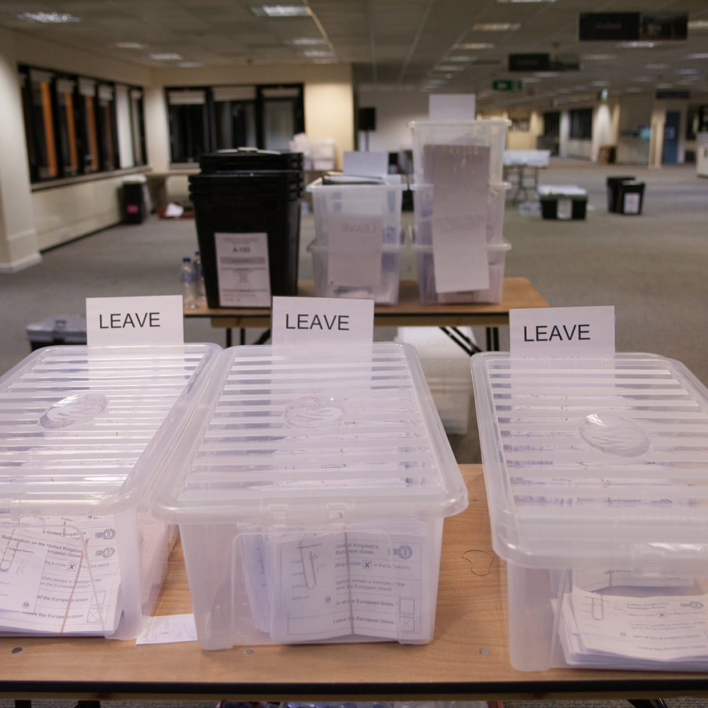 the final ballot has been counted for the EU referendum at the bristol count. Parkview Office Campus, Bristol, Bristain