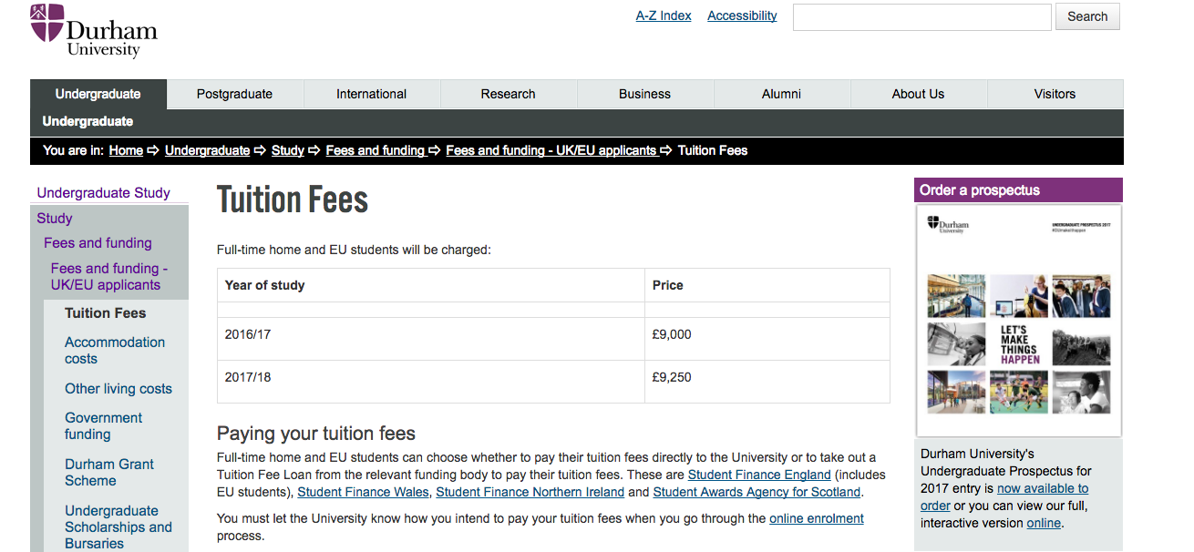 The fees on Durham's website