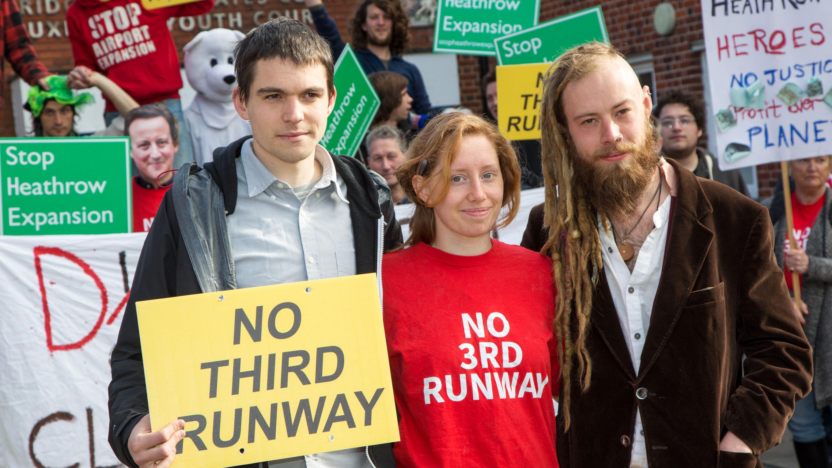 Two of the City Airport activists, Esme Waldron (centre) and William Pettifer (right)