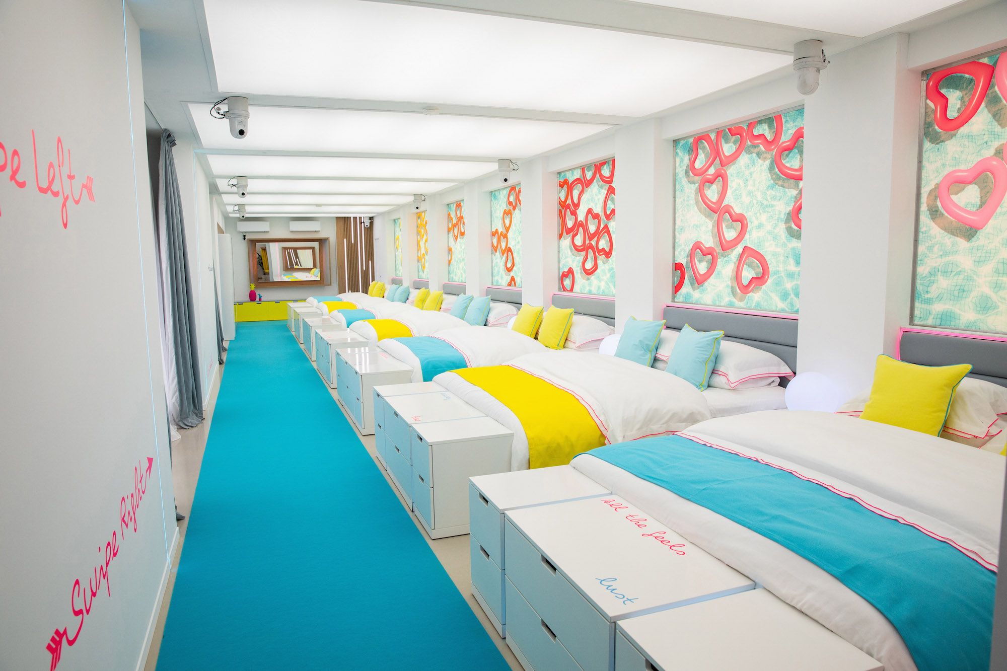 Image may contain: Love Island villa, Love Island, 2019, location, Sant Llorenç des Cardassar, Desk, Table, Interior Design, Dorm Room, Bed, Furniture, Bedroom, Indoors, Room