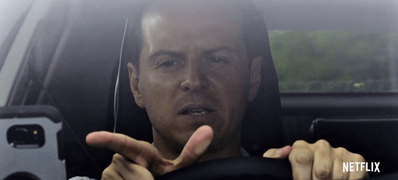 Image may contain: Black Mirror season five review, Black Mirror, Season 5, Netflix, Charlie Brooker, Andrew Scott, Smithereens, reactions, review, meme, new episode, review, ranking, Transportation, Vehicle, Driving, Finger, Face, Person, Human