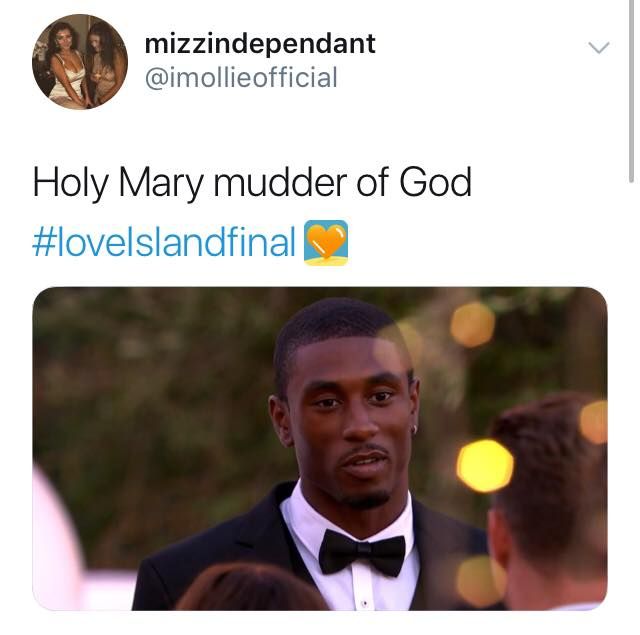 Image may contain: Love Island final memes, Love Island, final, 2019, meme, reaction, twitter, funny, best, Ovie, Tuxedo, Face, Suit, Overcoat, Coat, Text, Clothing, Apparel, Person, Human