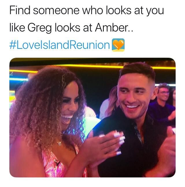 Image may contain: Love Island reunion memes, Love Island, reunion, meme, reaction, tweet, funny, last night, Greg, Amber, Female, Accessories, Sunglasses, Accessory, Text, Smile, Face, Human, Person