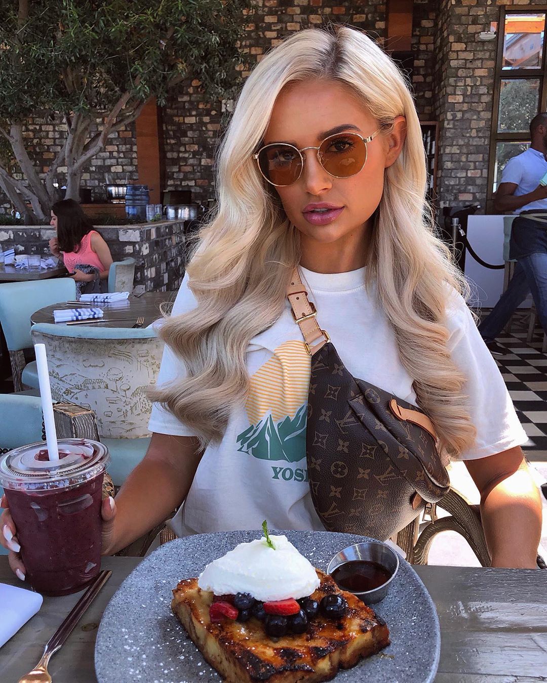 Image may contain: Love Island cast GCSE results, GCSE, results day, 2019, exams, Molly-Mae Hague, Love Island, cast, Islanders, GCSE results day 2019, Food Court, Restaurant, Food, Accessory, Sunglasses, Accessories, Human, Person