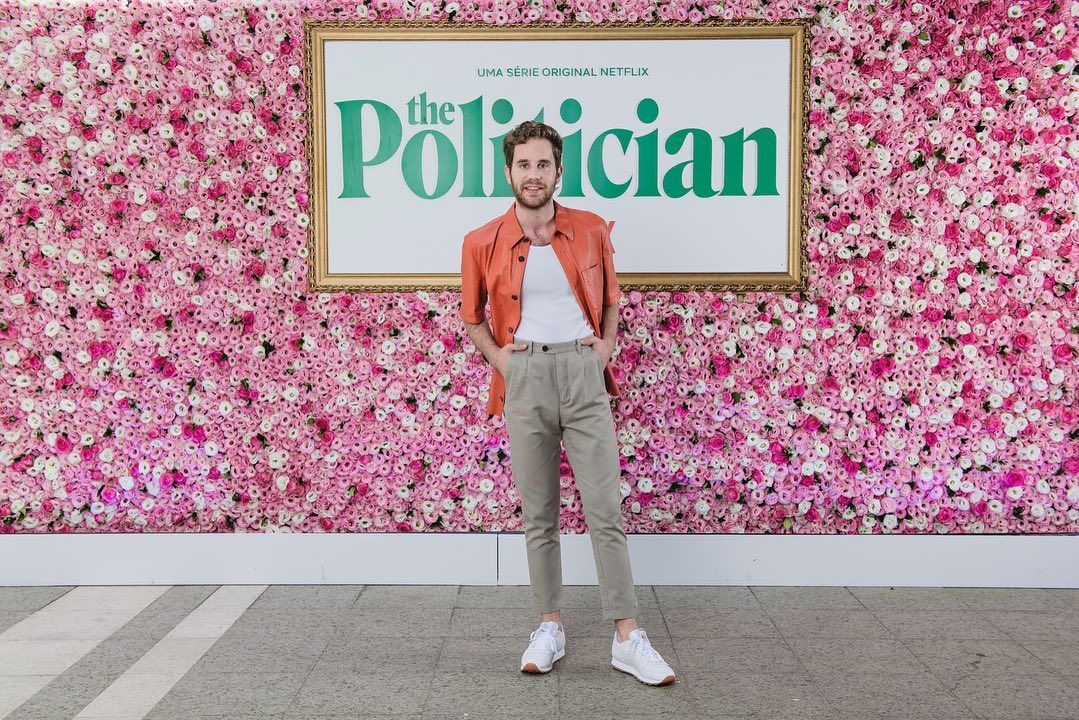 Image may contain: The Politician cast, The Politician, Netflix, Ben Platt, Payton Hobart, drama, new, high school, age, Instagram, real life, films, Purple, Text, Pants, Word, Shoe, Footwear, Home Decor, Apparel, Clothing, Human, Person