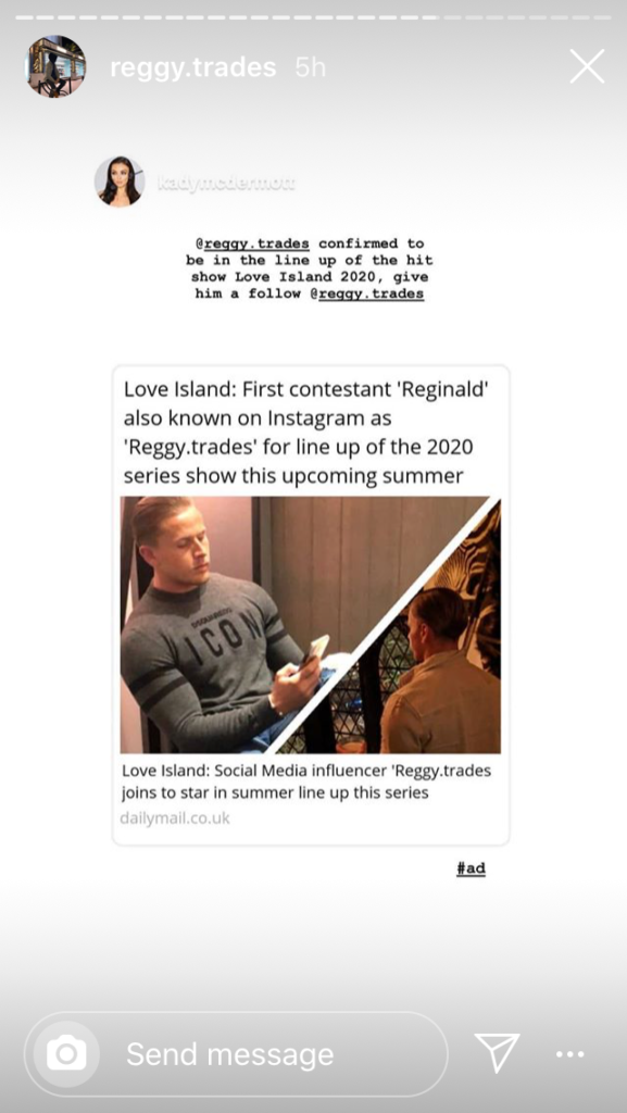 Love Island, 2020, Reggy Trades, Reginald, Daily Mail, contestant, Instagram