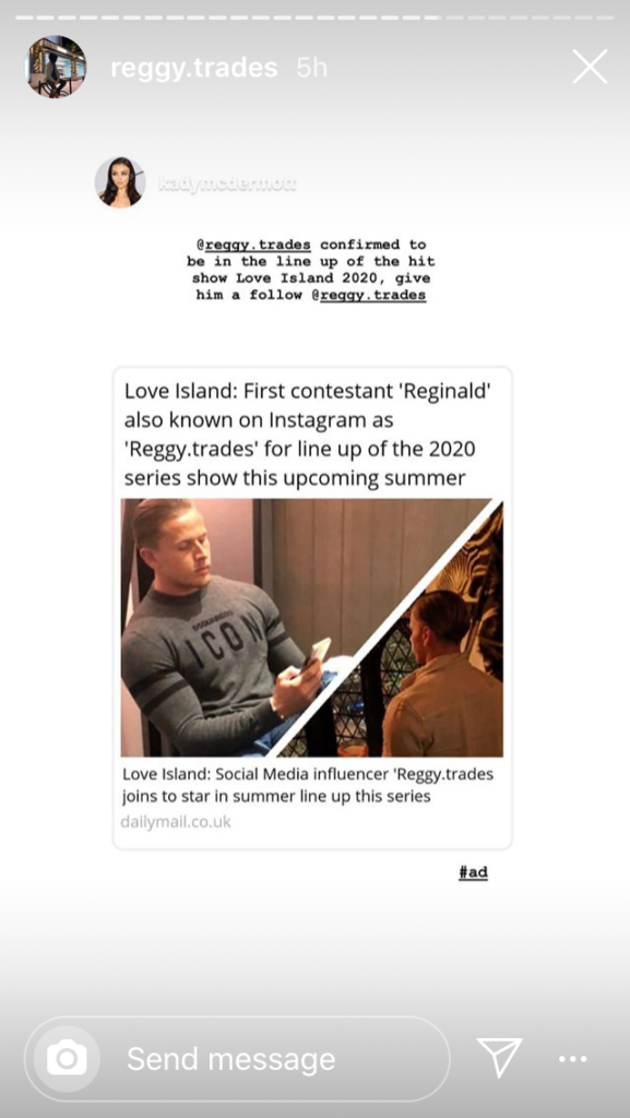 Love Island, 2020, Reggy Trades, Reginald, Daily Mail, contestant, Instagram 