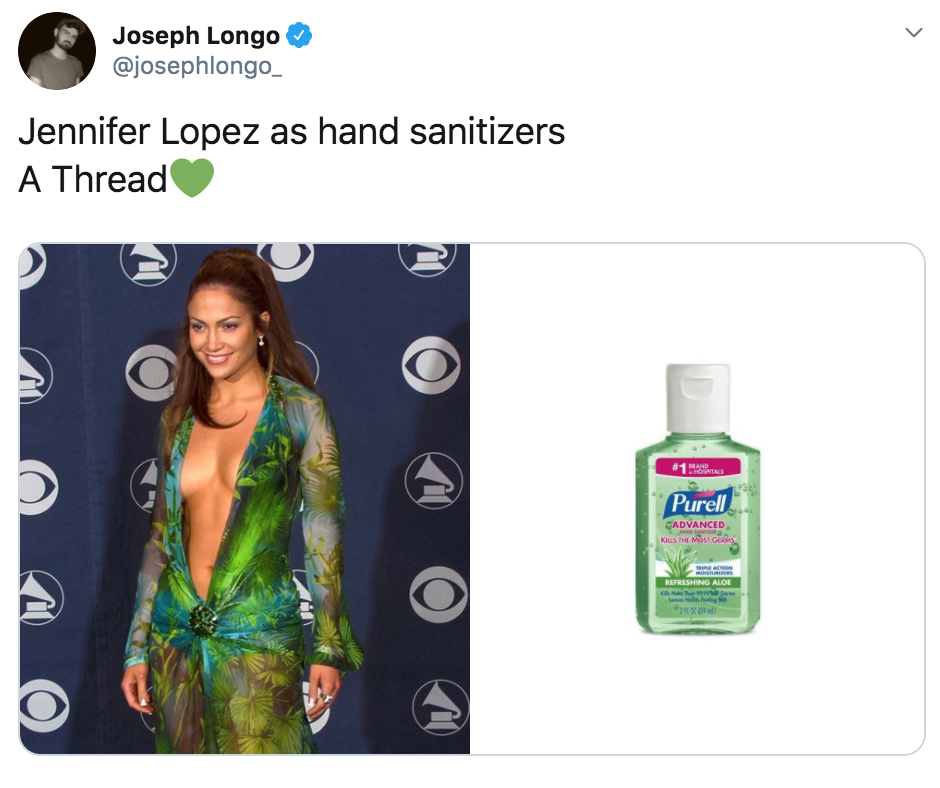 celebrities as hand sanitisers, hand sanitiser, sanitizer, hand, gel, meme, celebs, celebrity, Twitter, thread, coronavirus, COVID-19, wash, Jennifer Lopez