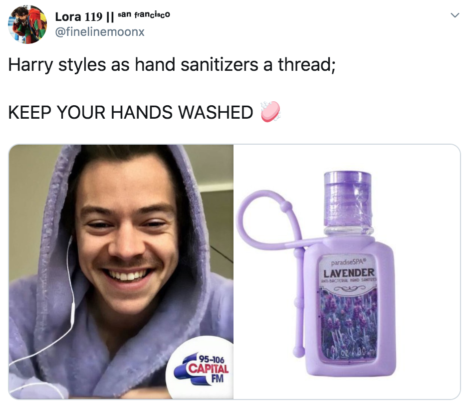 celebrities as hand sanitisers, hand sanitiser, sanitizer, hand, gel, meme, celebs, celebrity, Twitter, thread, coronavirus, COVID-19, wash, Harry Styles