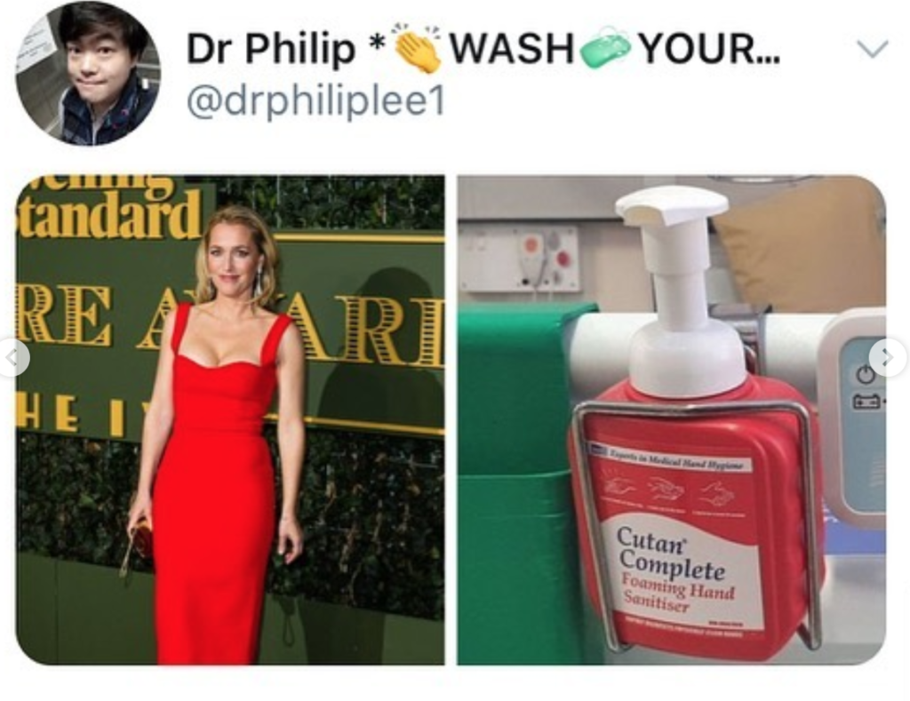celebrities as hand sanitisers, hand sanitiser, sanitizer, hand, gel, meme, celebs, celebrity, Twitter, thread, coronavirus, COVID-19, wash, Gillian Anderson