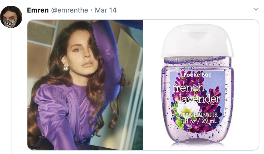 celebrities as hand sanitisers, hand sanitiser, sanitizer, hand, gel, meme, celebs, celebrity, Twitter, thread, coronavirus, COVID-19, wash, Lana Del Rey